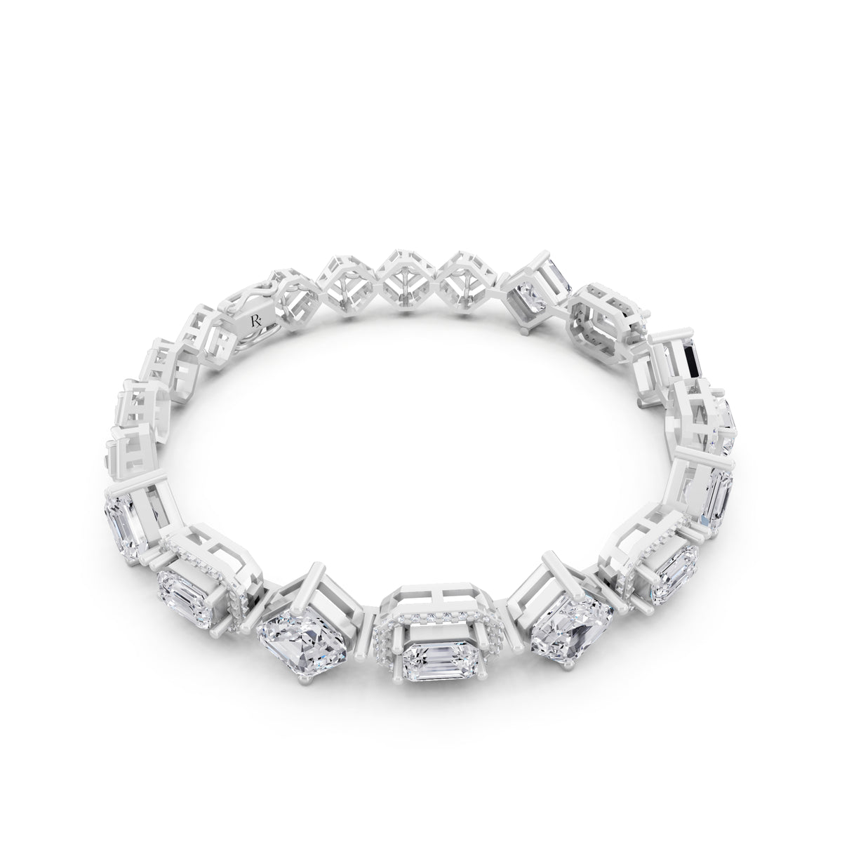 Silver Square Emerald and Emerald Cut Halo Diamond Tennis Bracelet - Left