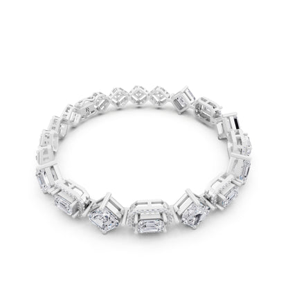 Silver Square Emerald and Emerald Cut Halo Diamond Tennis Bracelet - Left