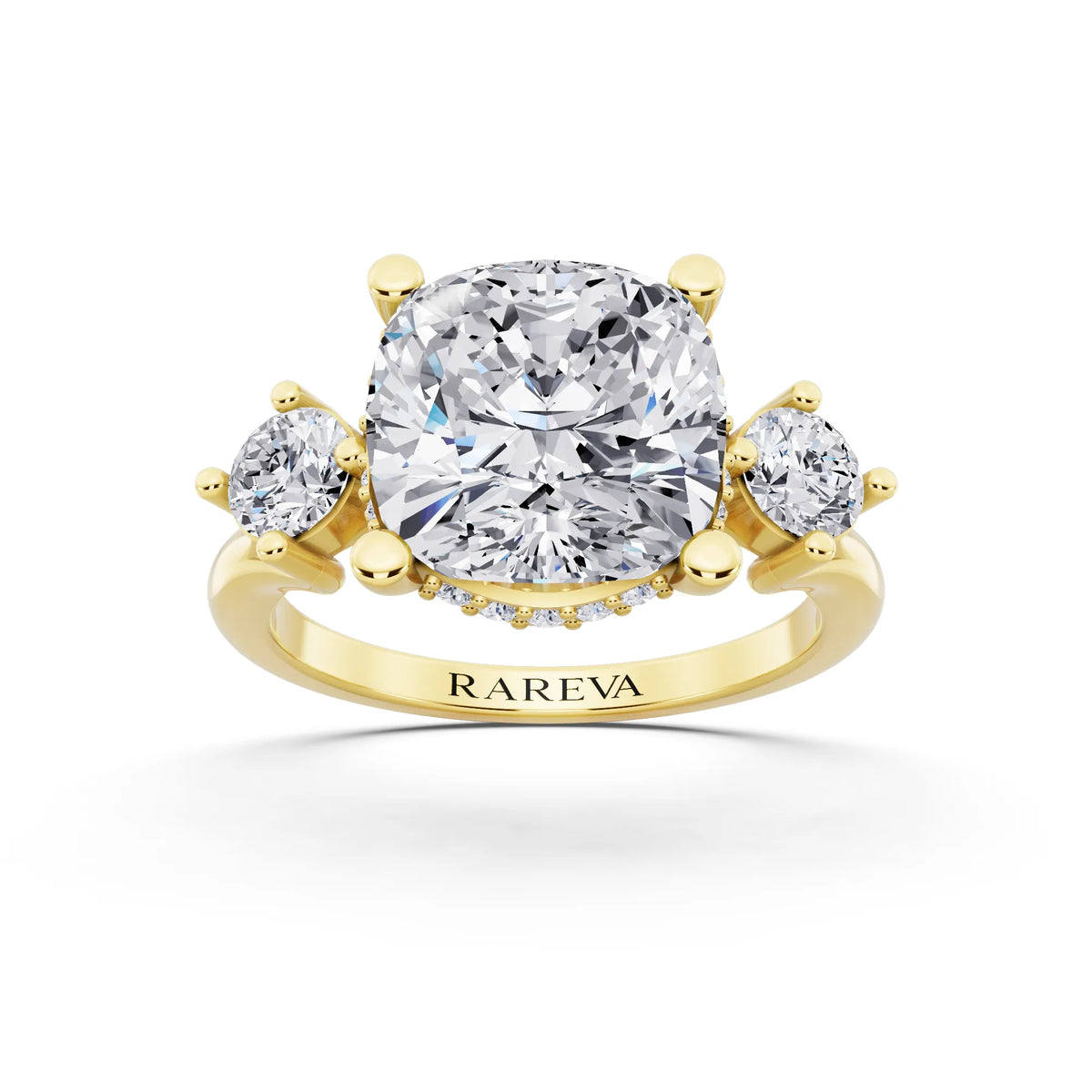 14 KT Yellow Gold Cushion Cut Diamond Three Stone Engagement Ring with Hidden Halo - front view