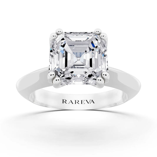 18 KT White Gold Asscher Cut Diamond Solitaire Ring with Knife Edge Band - front view