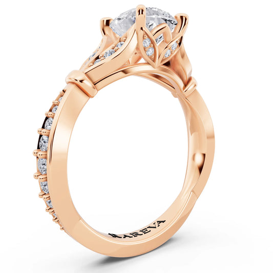 14 KT Rose Gold Pear Cut Diamond Ring with Lotus Collar - top view