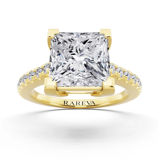 14 KT Yellow Gold Princess Cut Diamond Claw Prong Solitaire Ring with French Pave Band - front view