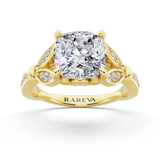 14 KT Yellow Gold Cushion Cut Diamond Ring with Lotus Collar - front view