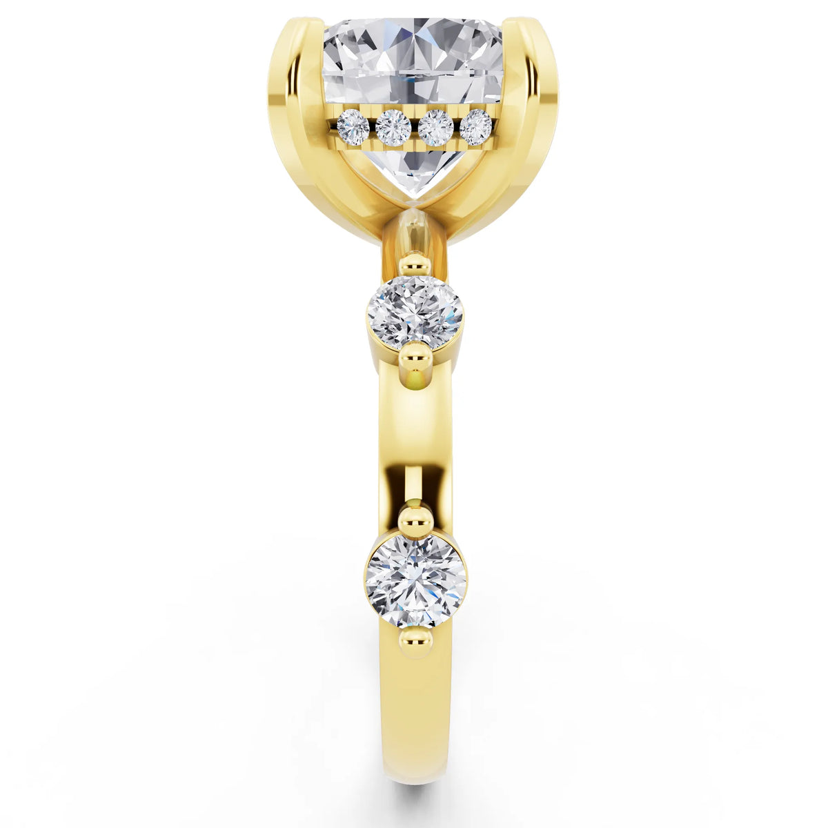 18 KT Yellow Gold Round Cut Diamond Solitaire Ring with Floating Diamond Accents - side view