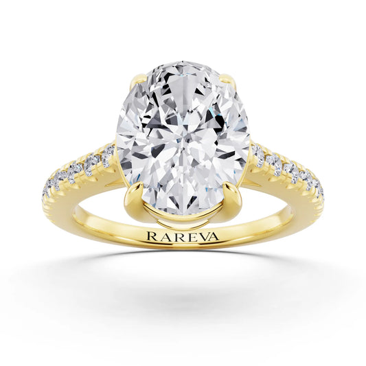 14 KT Yellow Gold Oval Cut Diamond Claw Prong Solitaire Ring with French Pave Band - front view