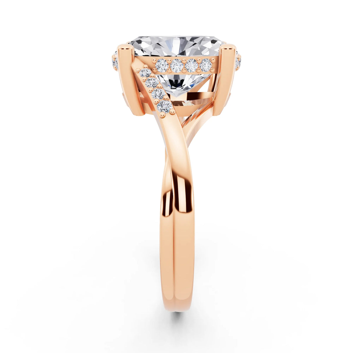 14 KT Rose Gold Oval Cut Diamond Split Shank Engagement Ring with Hidden Halo - side view
