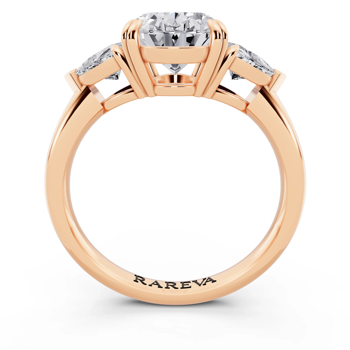 14 KT Rose Gold Oval Cut Diamond Three Stone Ring with Trillion Accents - through finger