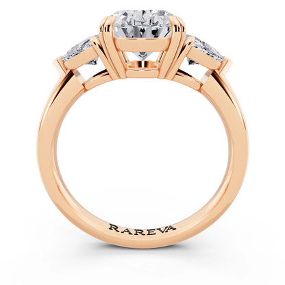 14 KT Rose Gold Oval Cut Diamond Three Stone Ring with Trillion Accents - through finger