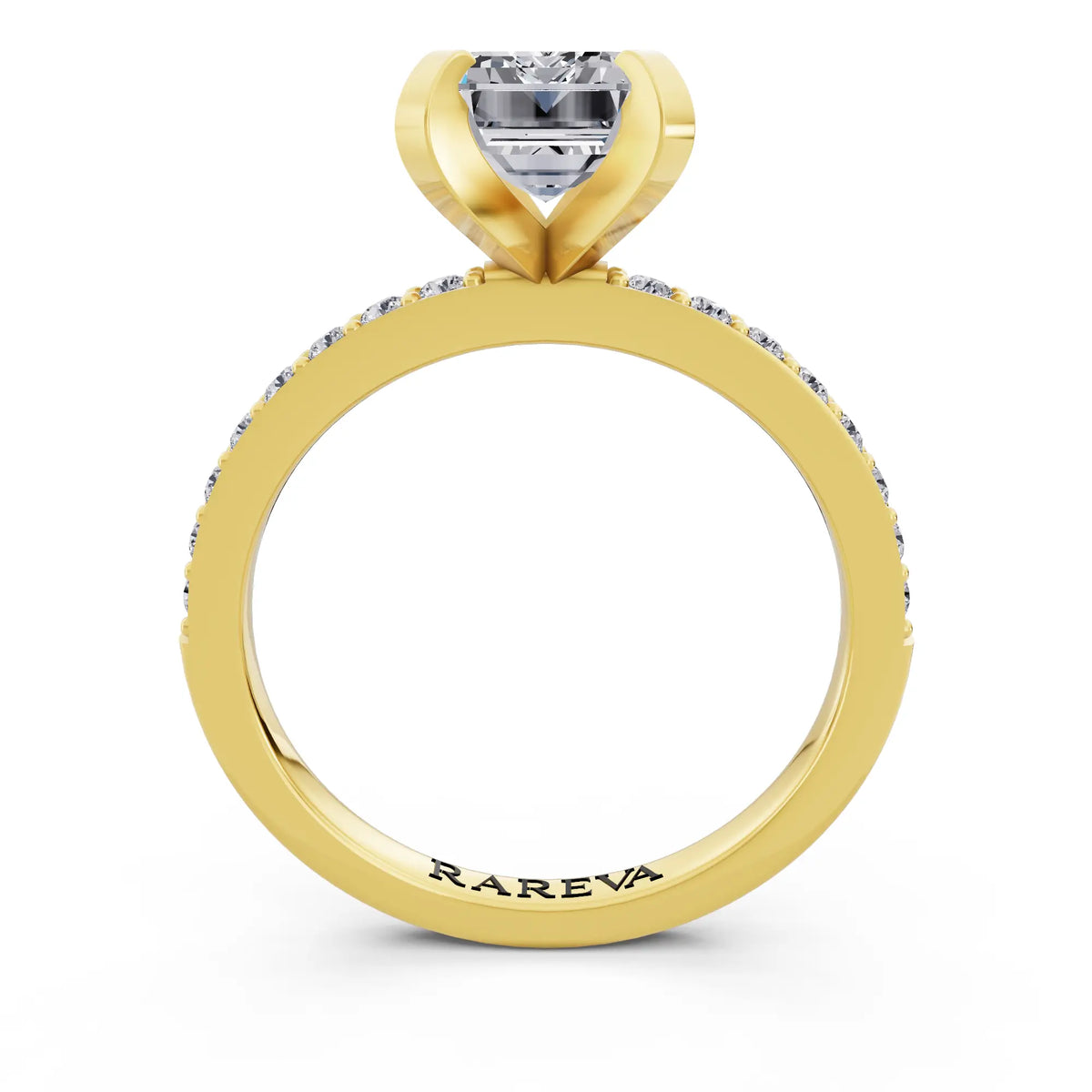 18 KT Yellow Gold Emerald Cut Diamond Solitaire Ring with Pave Shank - through finger