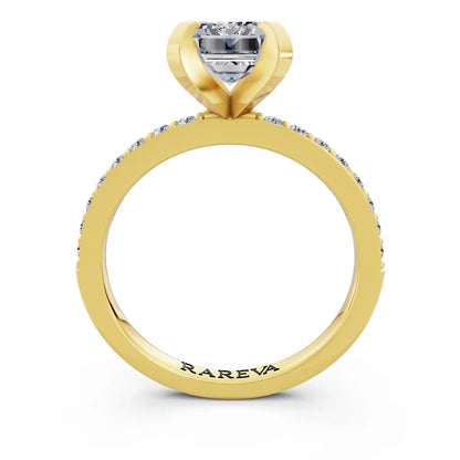 18 KT Yellow Gold Emerald Cut Diamond Solitaire Ring with Pave Shank - through finger