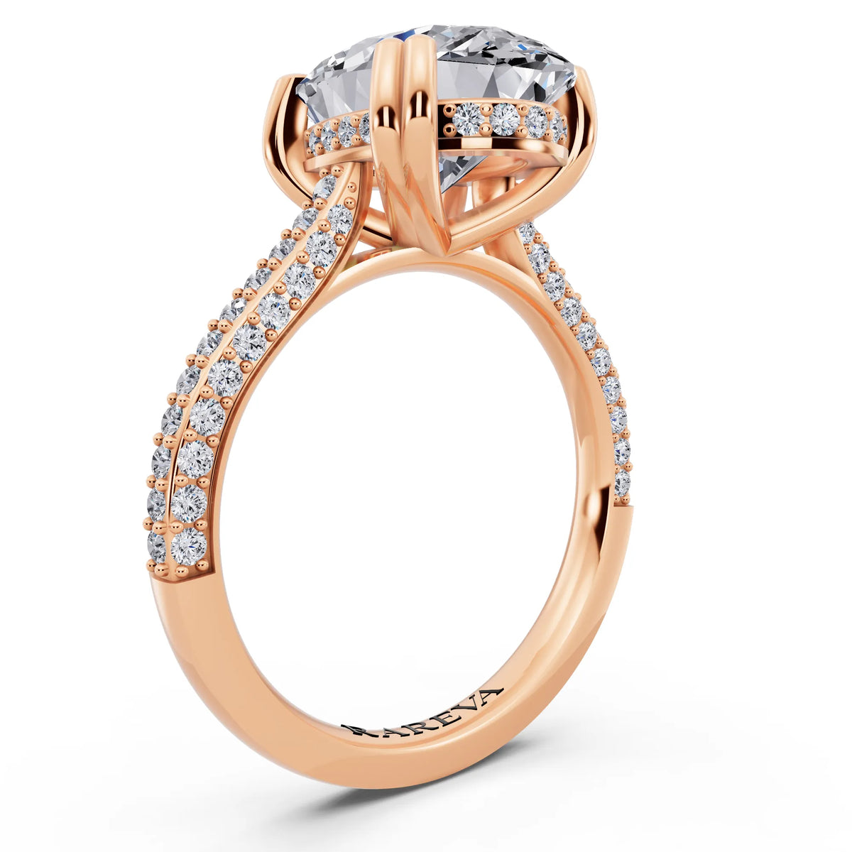 14 KT Rose Gold Oval Cut Diamond Hidden Halo Double Claw Pave Band Ring - top view