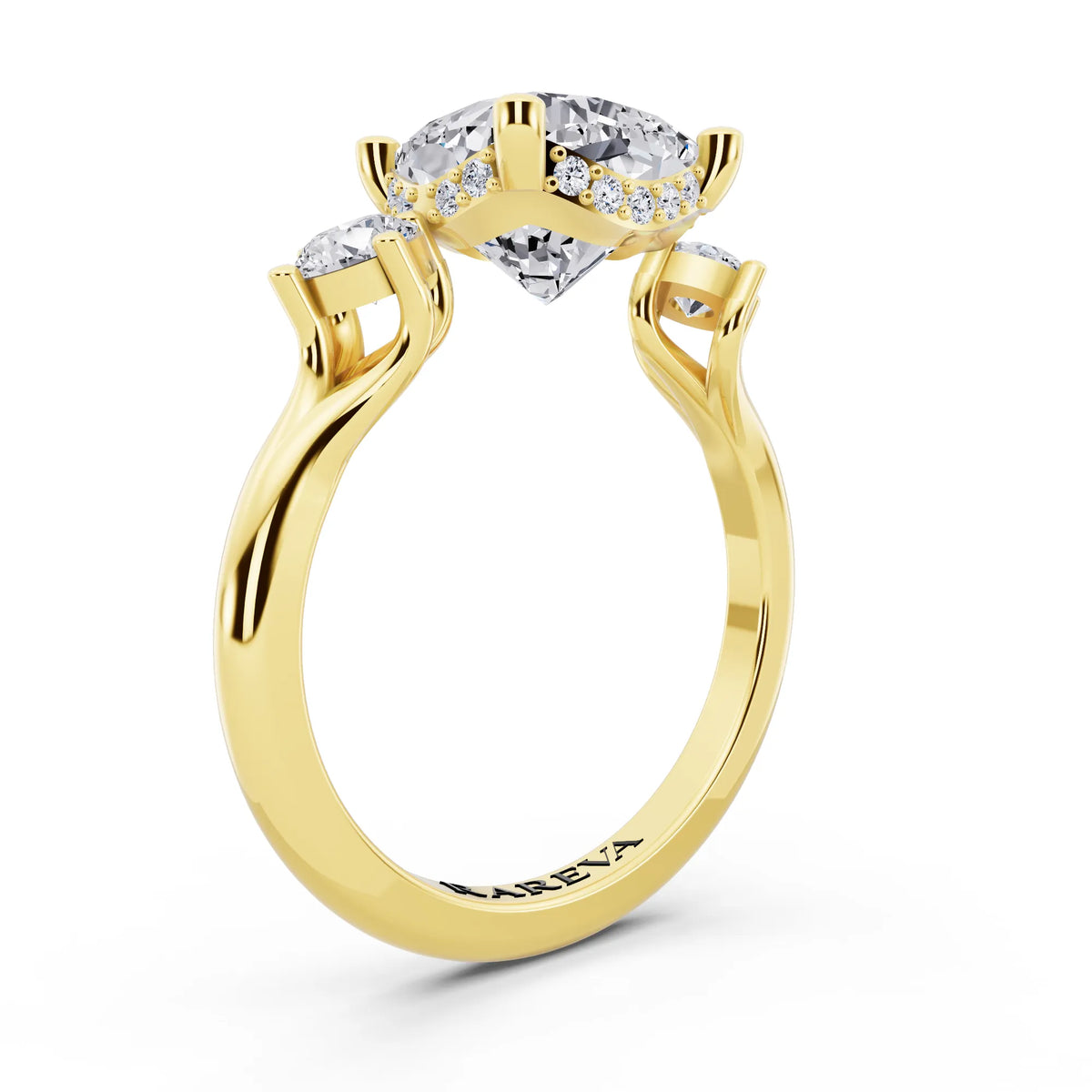 14 KT Yellow Gold Cushion Cut Diamond Three Stone Engagement Ring with Hidden Halo - top view
