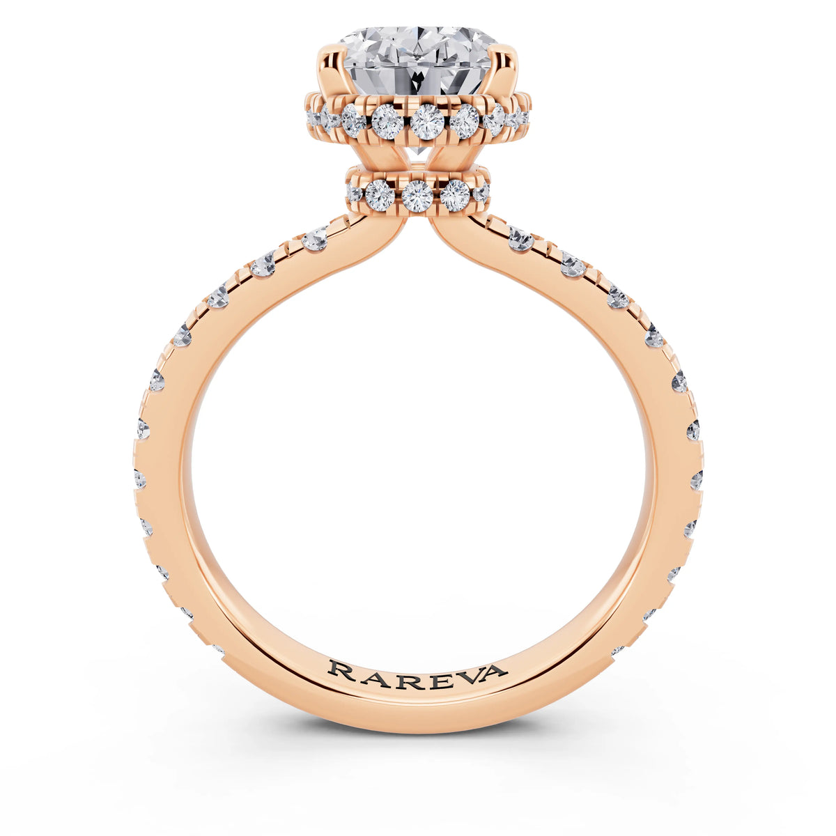14 KT Rose Gold Oval Cut Diamond Hidden Halo Ring with Pave Band - through finger