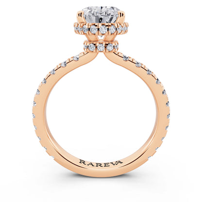 14 KT Rose Gold Oval Cut Diamond Hidden Halo Ring with Pave Band - through finger