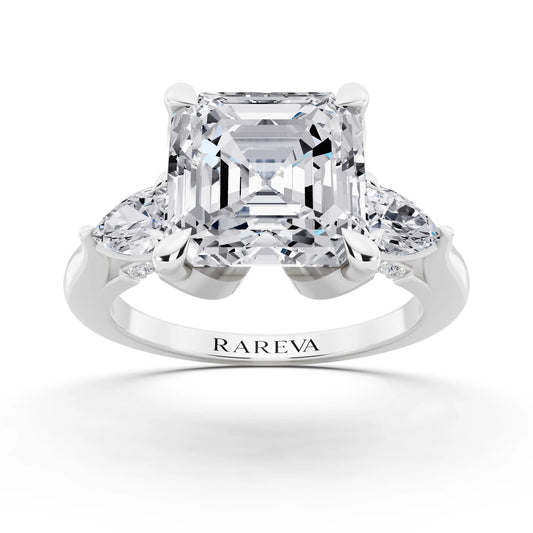 18 KT White Gold Asscher Cut Diamond Cluster Engagement Ring with Pear Accents and Pavé Band - front view