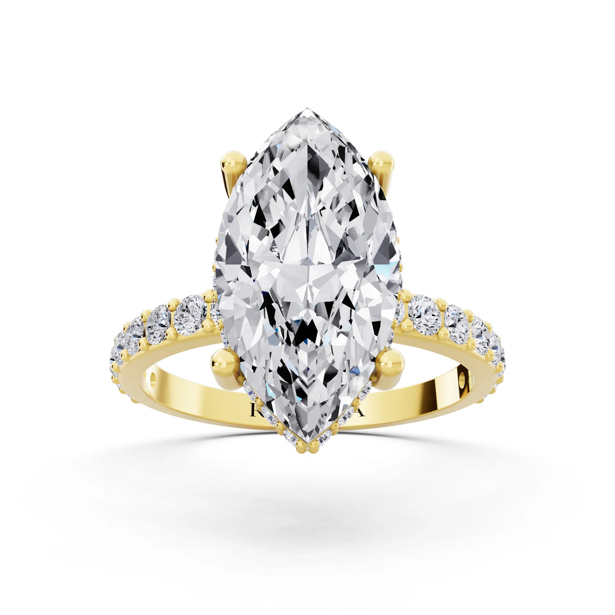 14 KT Yellow Gold Marquise Cut Diamond Solitaire Ring with Hidden Halo and Pave Band - front view