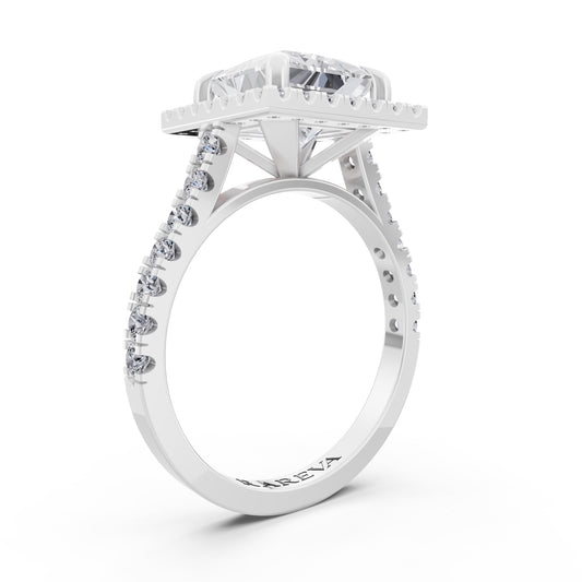 18 KT White Gold Princess Cut Diamond Halo Ring with Pave Cathedral Band - Top view