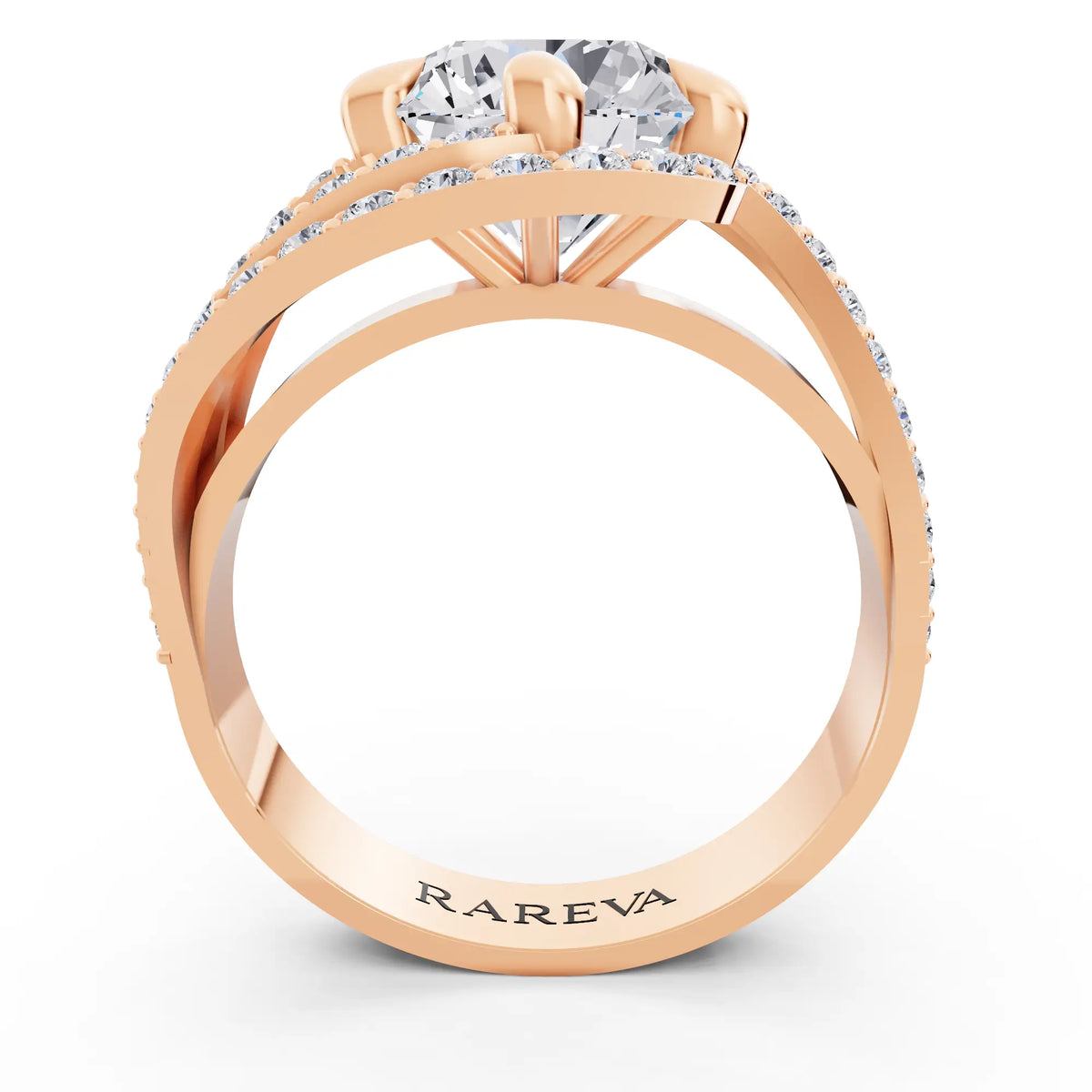 14 KT Rose Gold Round Cut Diamond Solitaire Ring with Swirl Pave Bands - Through