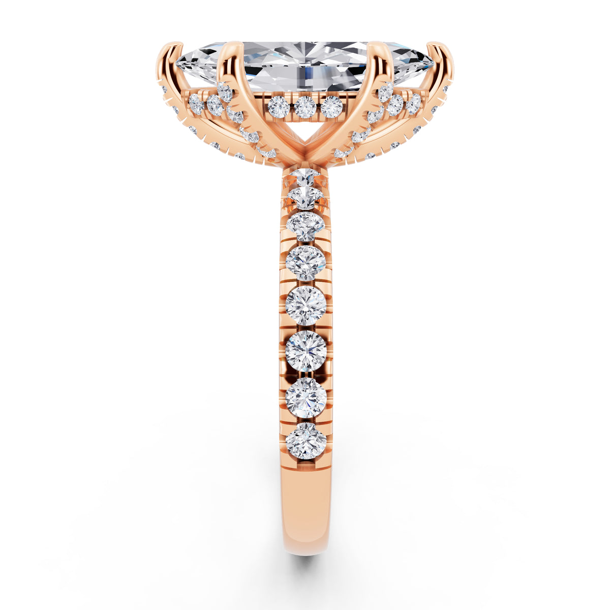 18 KT Rose Gold Marquise Cut Diamond Hidden Halo Ring with Pave Shank - side view