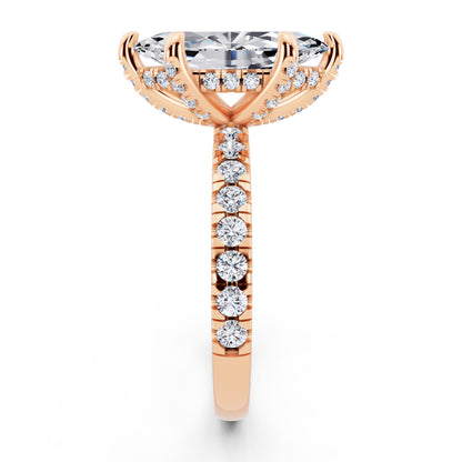 18 KT Rose Gold Marquise Cut Diamond Hidden Halo Ring with Pave Shank - side view