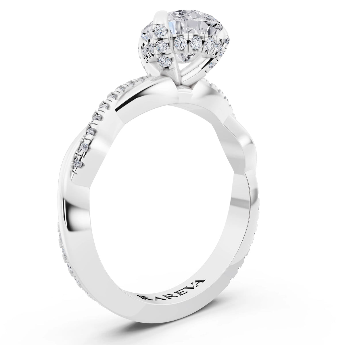 14 KT White Gold Pear Cut Diamond Hidden Halo Ring with Twisted Pave Band - top view