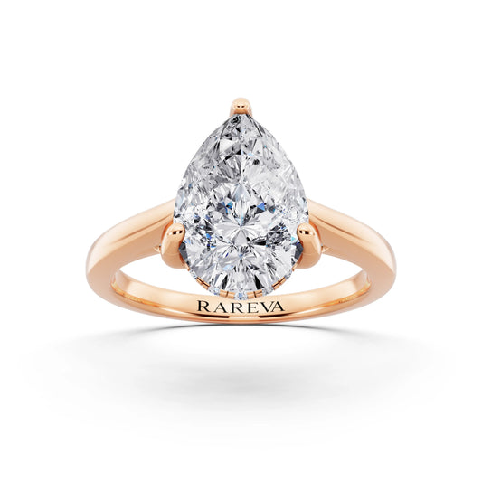 18 KT Rose Gold Pear Cut Diamond Solitaire Ring with Cathedral Band - front view