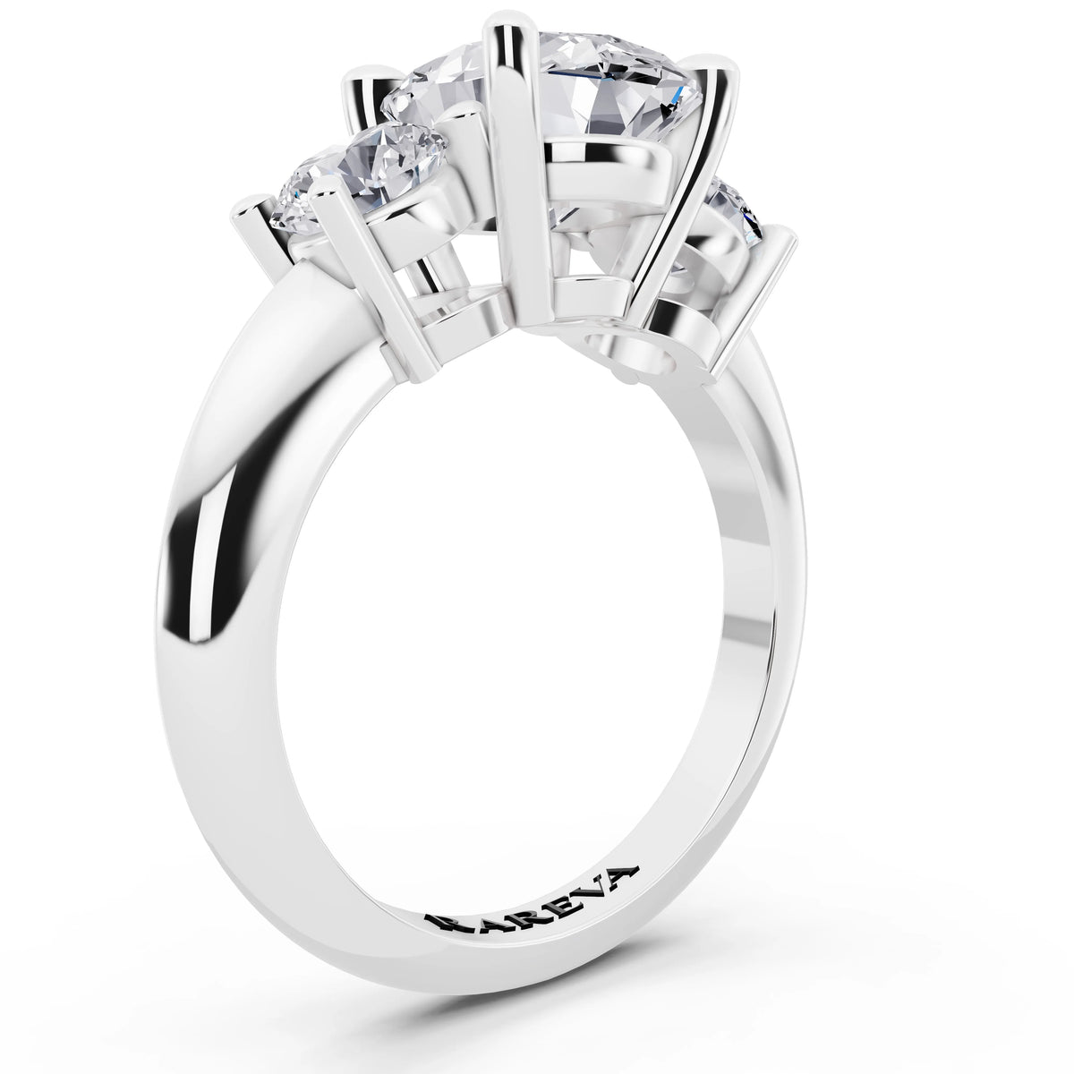 Platinum Oval Cut Diamond Three Stone Ring with Round Accents - top view