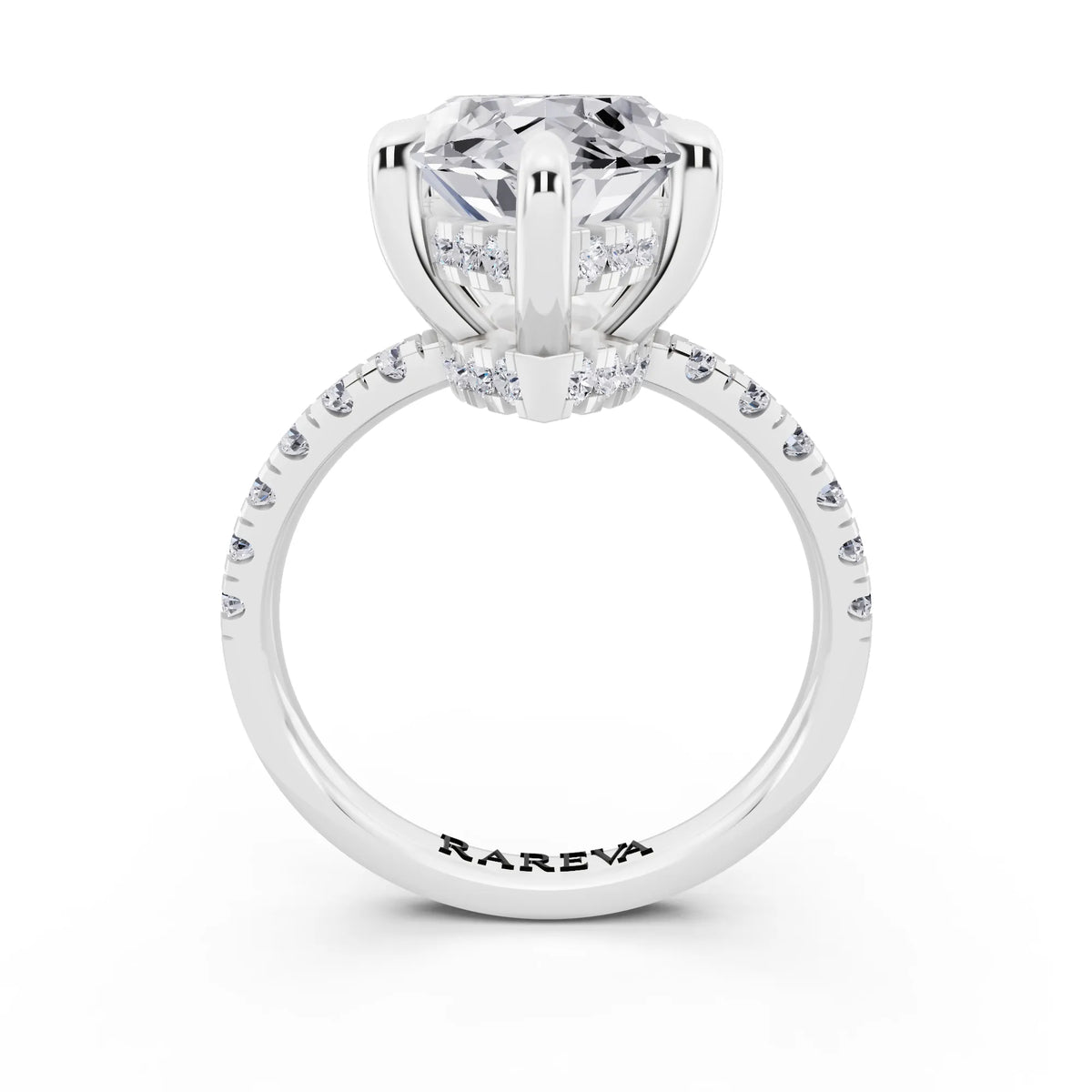 14 KT White Gold Marquise Cut Diamond Hidden Halo Tiger Prong Pave Band Ring - through finger