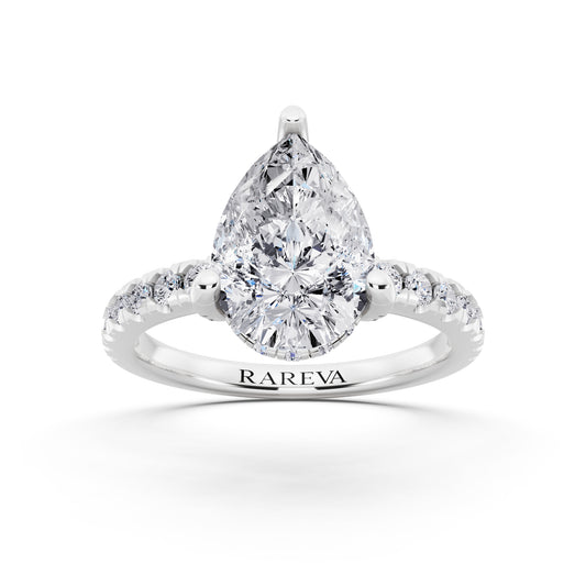 14 KT White Gold Pear Cut Diamond Hidden Halo Ring with Pave Shank - front view