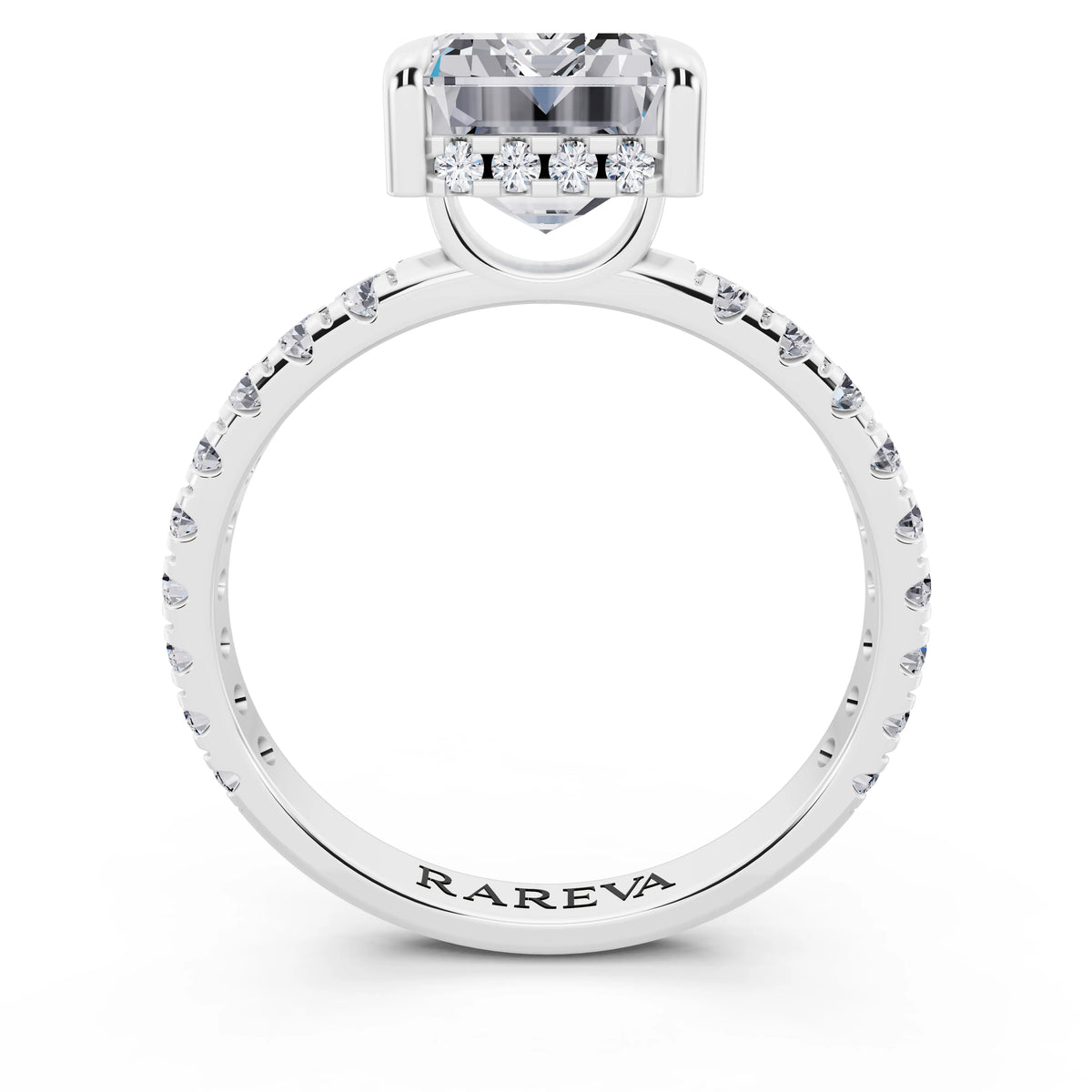 18 KT White Gold Emerald Cut Diamond Solitaire Ring with Hidden Halo and French Pave Band - through finger