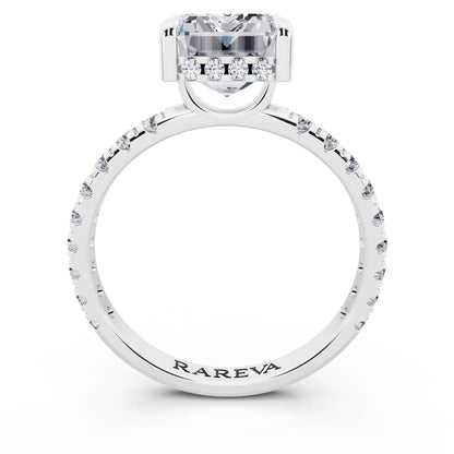 18 KT White Gold Emerald Cut Diamond Solitaire Ring with Hidden Halo and French Pave Band - through finger
