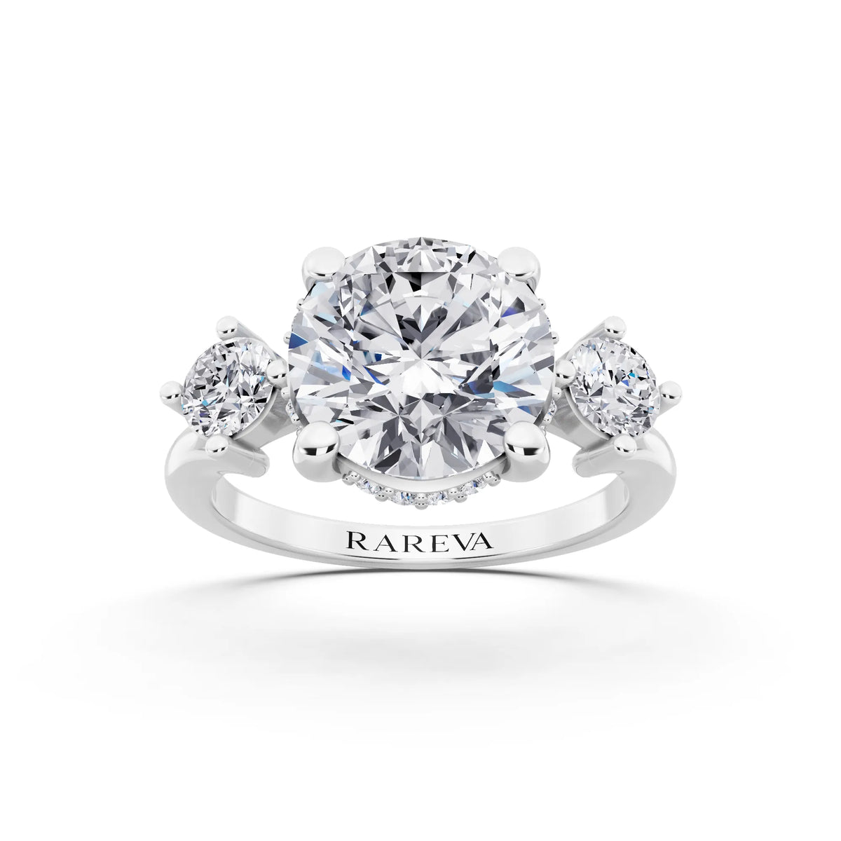 Platinum Round Cut Diamond Three Stone Engagement Ring with Hidden Halo - front view