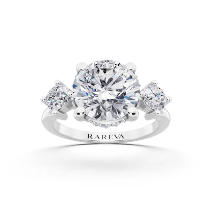 Platinum Round Cut Diamond Three Stone Engagement Ring with Hidden Halo - front view