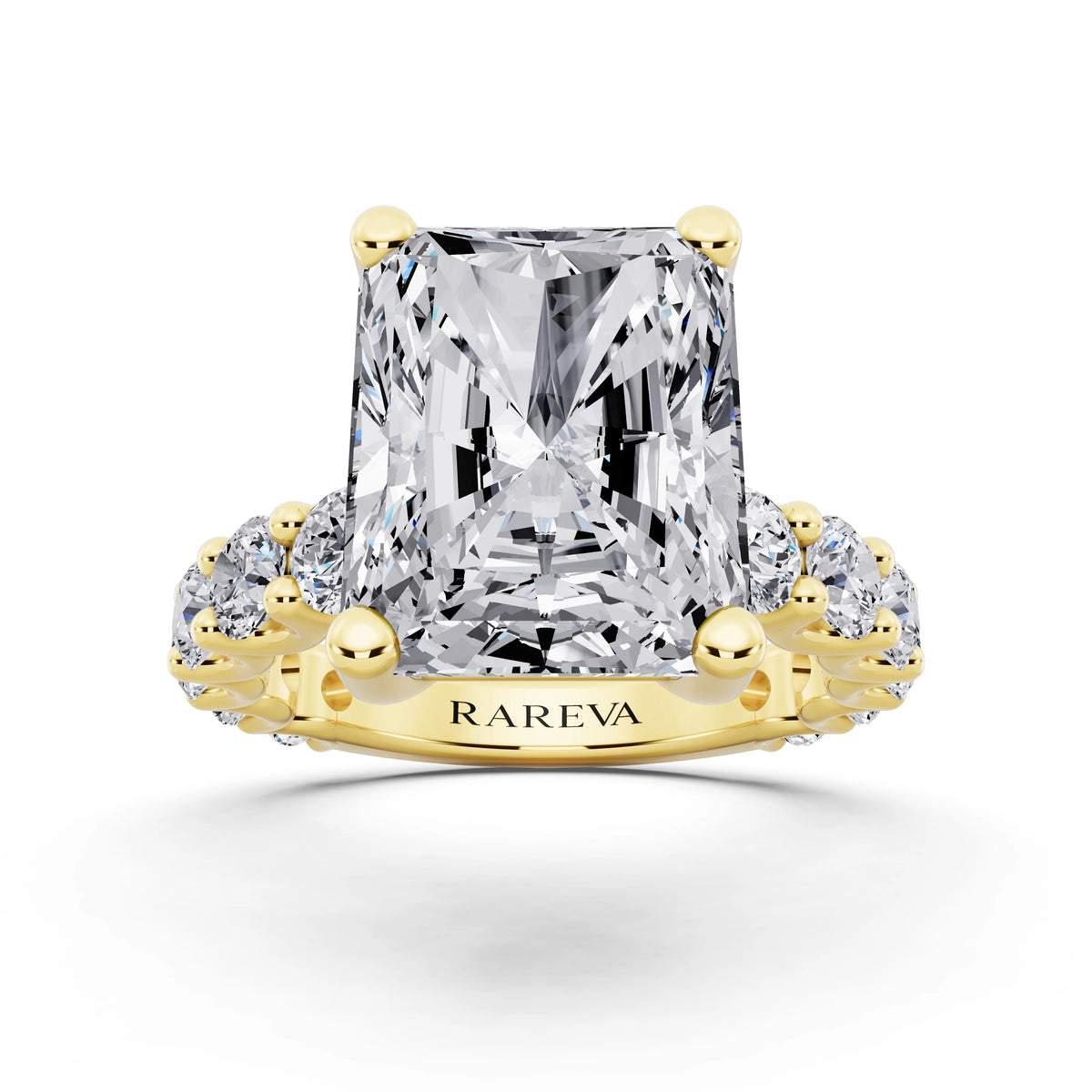 14 KT Yellow Gold Radiant Cut Diamond Ring with Shared Prong Eternity Band - front view