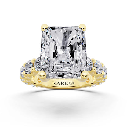 14 KT Yellow Gold Radiant Cut Diamond Ring with Shared Prong Eternity Band - front view