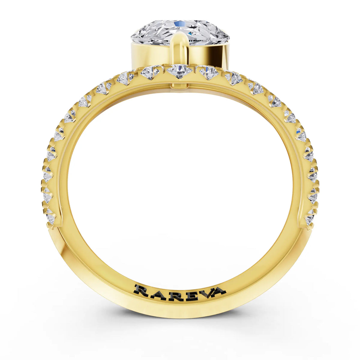 18 KT Yellow Gold Pear Cut Diamond Solitaire Ring with Pave Chevron Band - Through