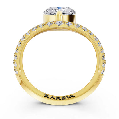 18 KT Yellow Gold Pear Cut Diamond Solitaire Ring with Pave Chevron Band - Through