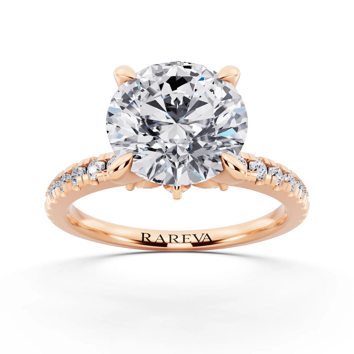 14 KT Rose Gold Round Cut Diamond Solitaire Ring with Marquise Collar - front view