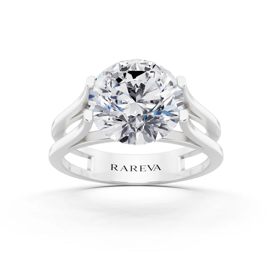 14 KT White Gold Round Cut Diamond Solitaire Ring with Open Split Band - Front
