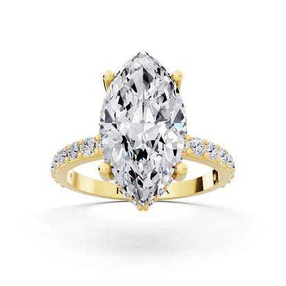 18 KT Yellow Gold Marquise Cut Diamond Solitaire Ring with Hidden Halo and Pave Band - front view