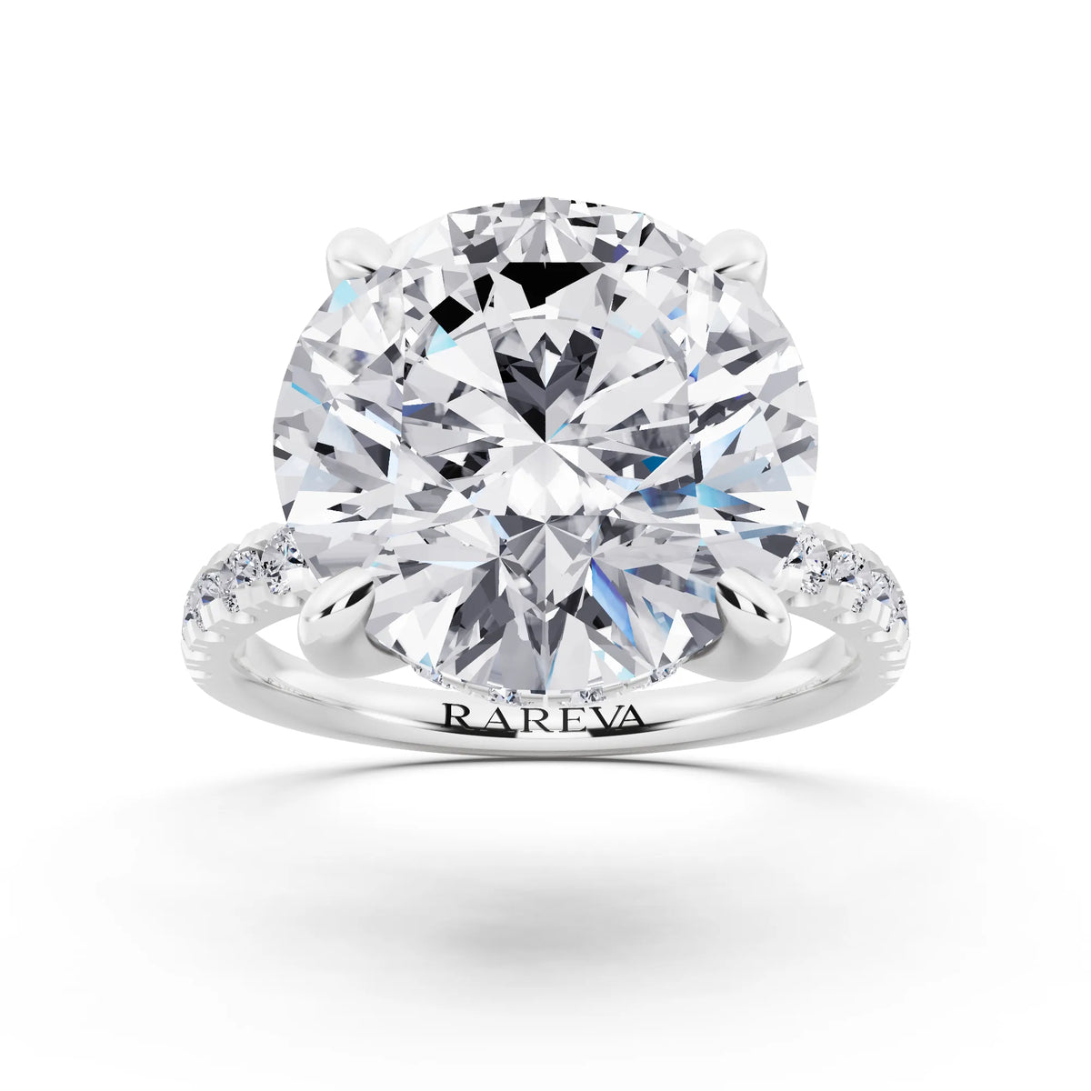 14 KT White Gold Round Cut Diamond Hidden Halo Tiger Prong Pave Band Ring - front view