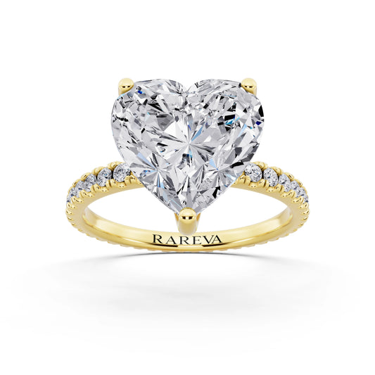 18 KT Yellow Gold Heart Cut Diamond Solitaire Ring with Pave Eternity Band - front view
