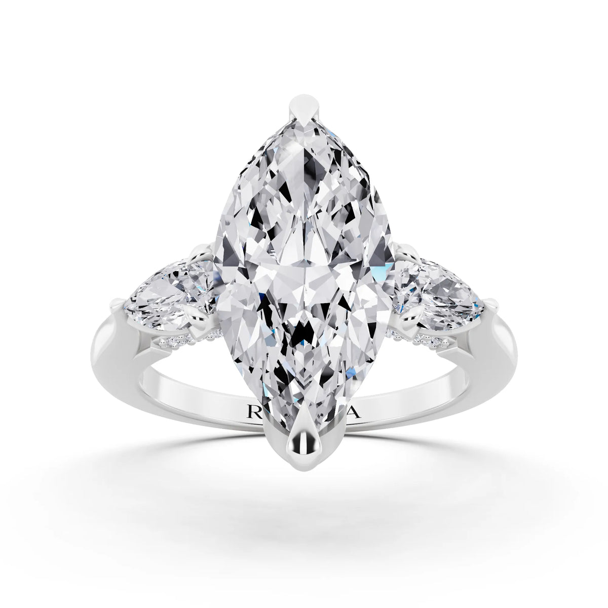 18 KT White Gold Marquise Cut Diamond Cluster Engagement Ring with Pear Accents and Pavé Band - front view