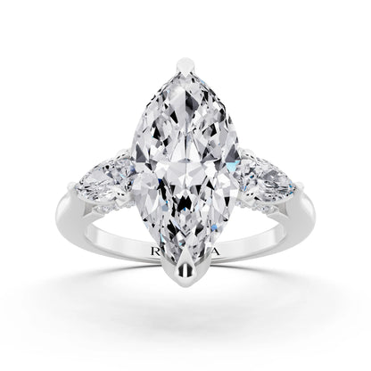 18 KT White Gold Marquise Cut Diamond Cluster Engagement Ring with Pear Accents and Pavé Band - front view
