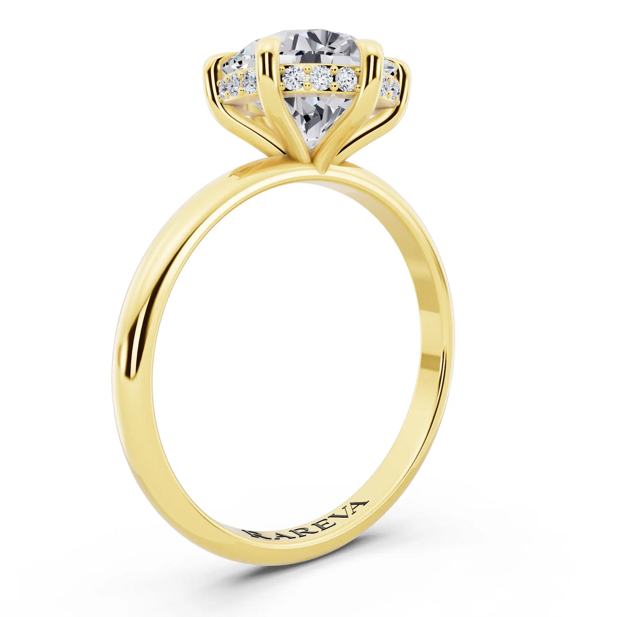 18 KT Yellow Gold Round Cut Diamond Hidden Halo Solitaire Ring - top view