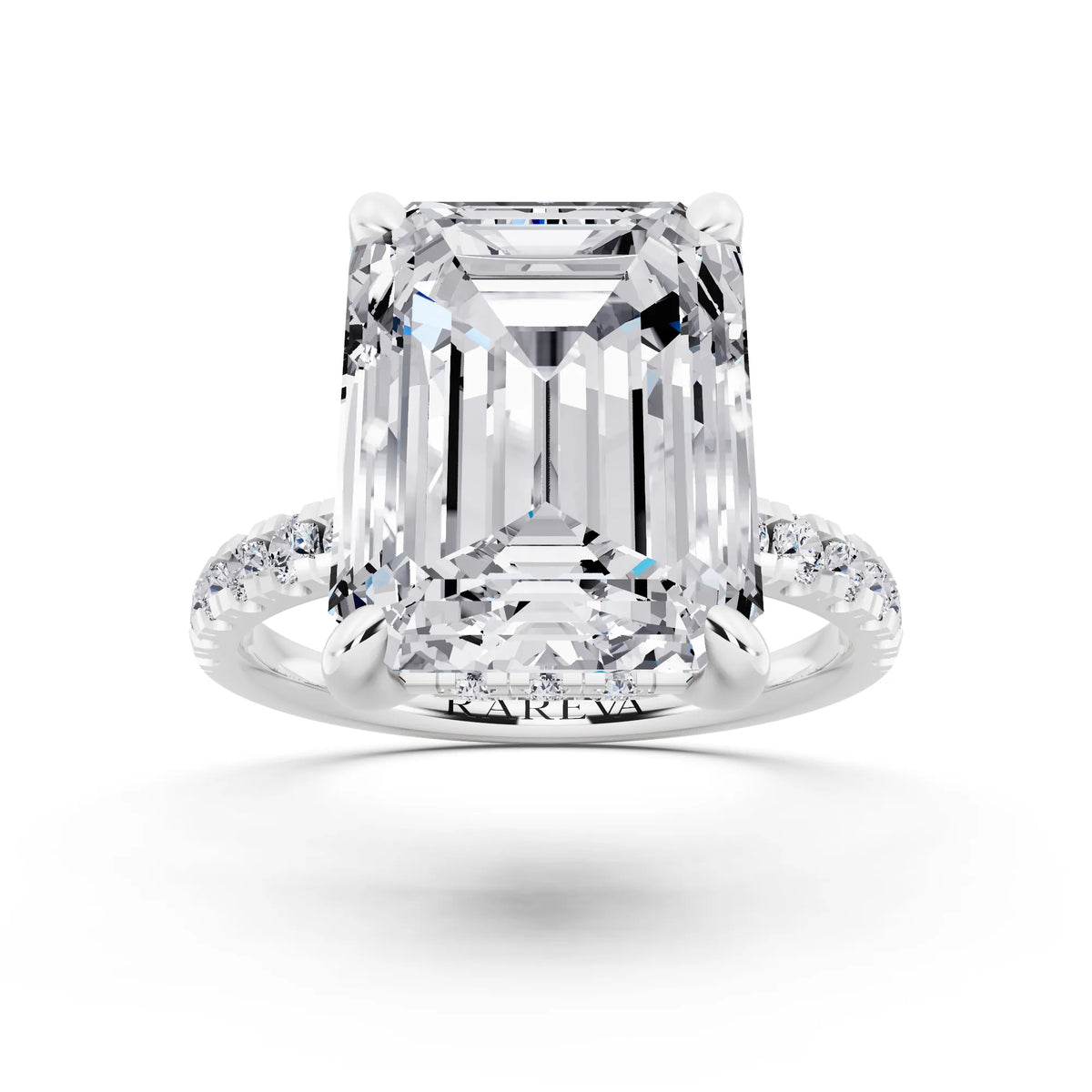 Platinum Emerald Cut Diamond Hidden Halo Tiger Prong Pave Band Ring - front view