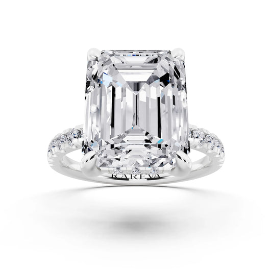 Platinum Emerald Cut Diamond Hidden Halo Tiger Prong Pave Band Ring - front view