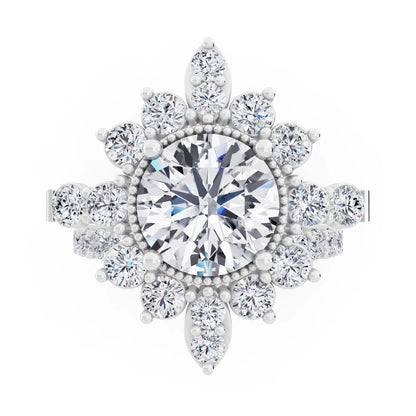 14 KT White Gold Round Cut Diamond Starburst Halo Ring - Top down