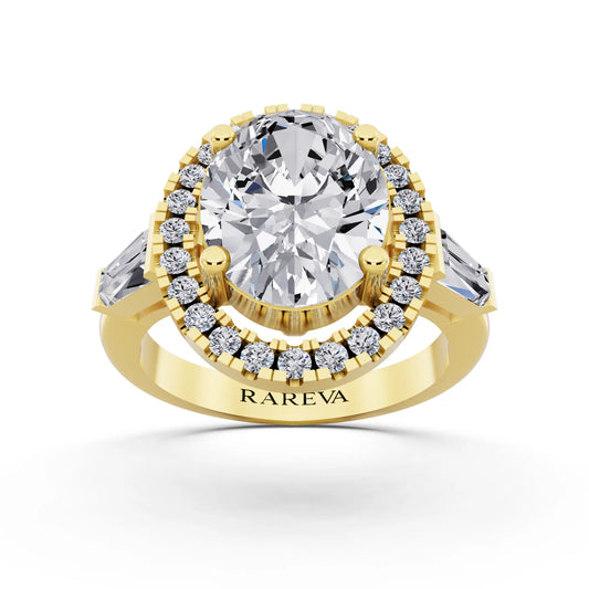 18 KT Yellow Gold Oval Cut Diamond Halo Ring with Baguette Accents - front view