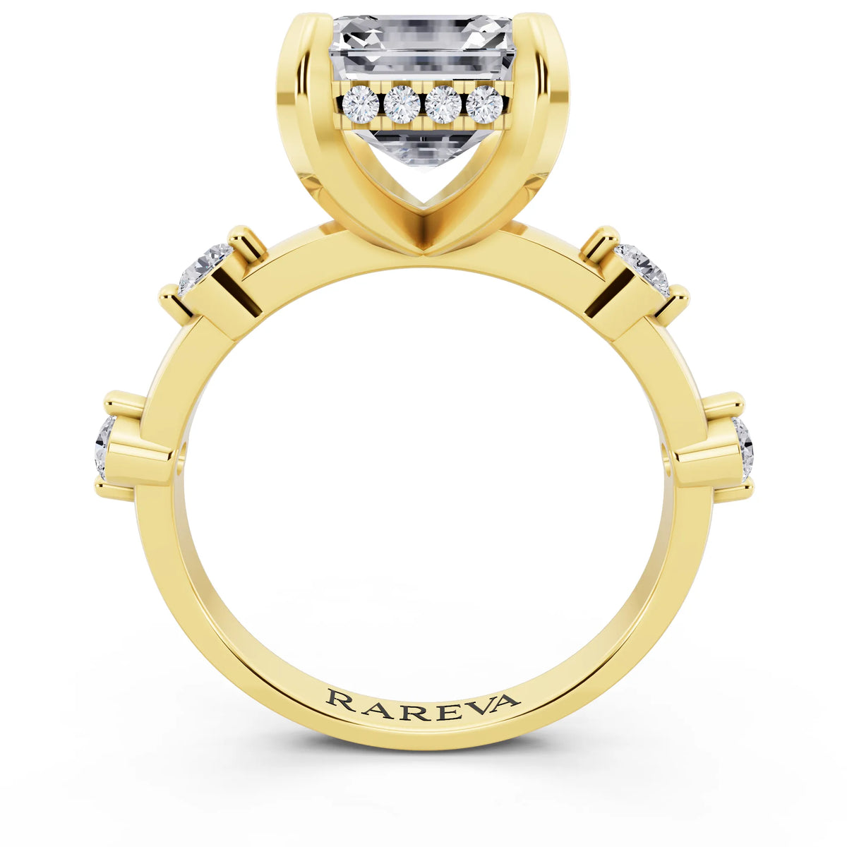 18 KT Yellow Gold Asscher Cut Diamond Solitaire Ring with Floating Diamond Accents - through finger